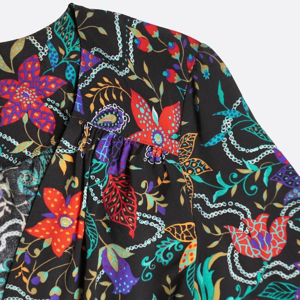 Vintage 100% Rayon Floral Jewel Tone 1X 2X Black Open Front Cardigan Made in USA - Picture 4 of 9